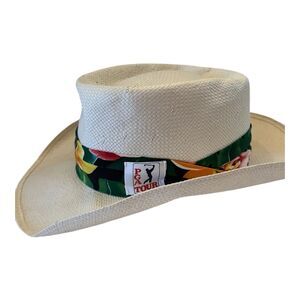 Vtg PGA Tour Ram Golf Woven Straw Sun Hat Floral Band Unisex Resort 21.5 ”